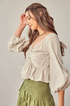 Mustard Seed women's casual vacation blouses striped long sleeve top with ruched front and peplum hem