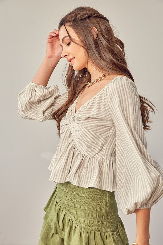 Mustard Seed women's casual vacation blouses striped long sleeve top with ruched front and peplum hem