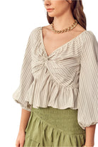 Mustard Seed women's striped casual vacation blouses with puff sleeves and ruched front detail