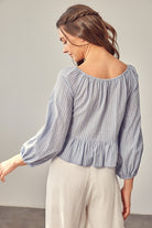 Mustard Seed women's casual vacation blouses blue striped long sleeve shirt with peplum hem