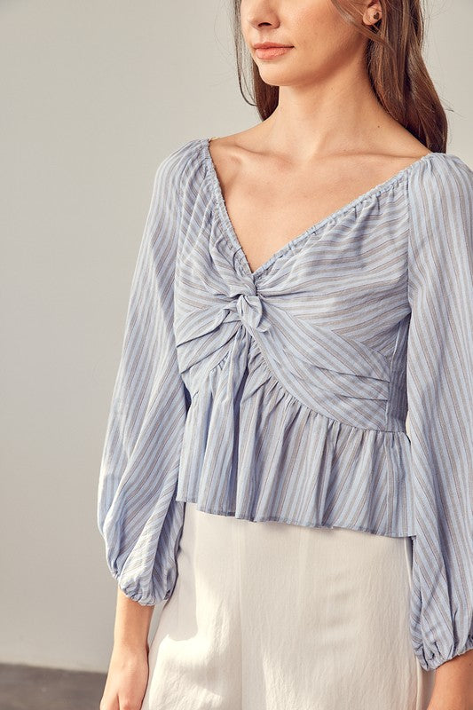 Mustard Seed women's casual vacation blouses with blue and white stripes and long puff sleeves