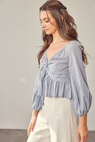 Mustard Seed women's casual vacation blouses with light blue stripes and long puff sleeves
