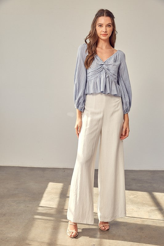 Mustard Seed women's casual vacation blouses blue striped long sleeve top with white wide leg pants