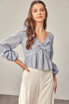 Mustard Seed women's casual vacation blouses striped long sleeve with front knot detail