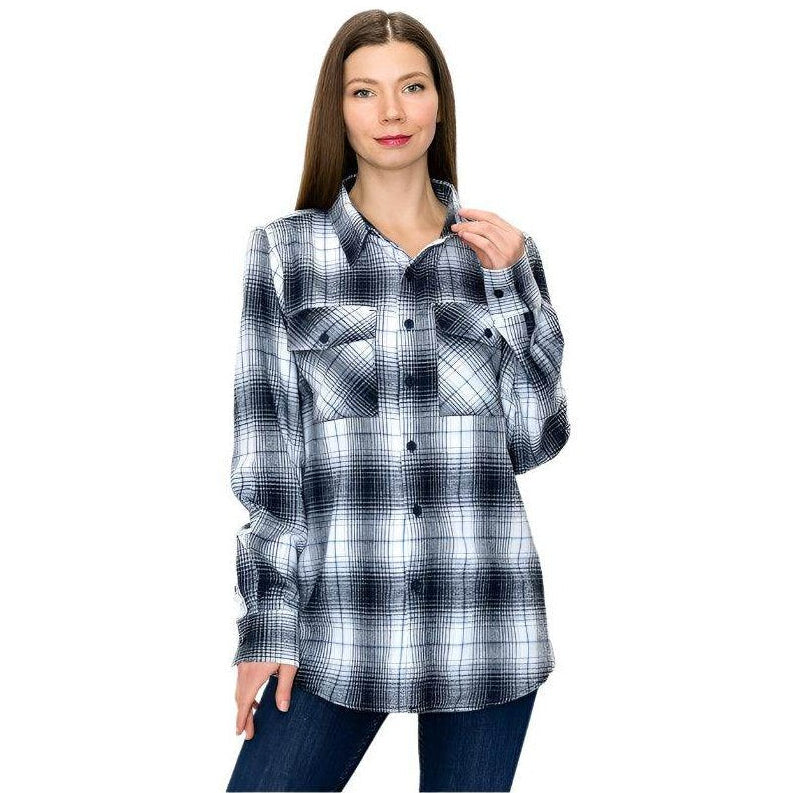 WEIV Women's Casual Vacation Flannel Shirt in Black and White Plaid Design