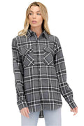 WEIV Women's Casual Vacation Flannel Shirt in Grey Plaid with Chest Pockets