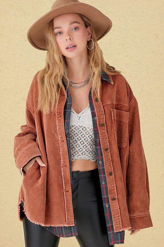La Miel Women's Casual Vacation Jacket in Rust with Oversized Fit and Soft Corduroy Material