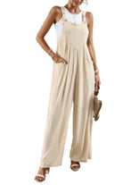 Beige casual vacation jumpsuit for women with adjustable straps and lightweight fabric for comfortable summer wear