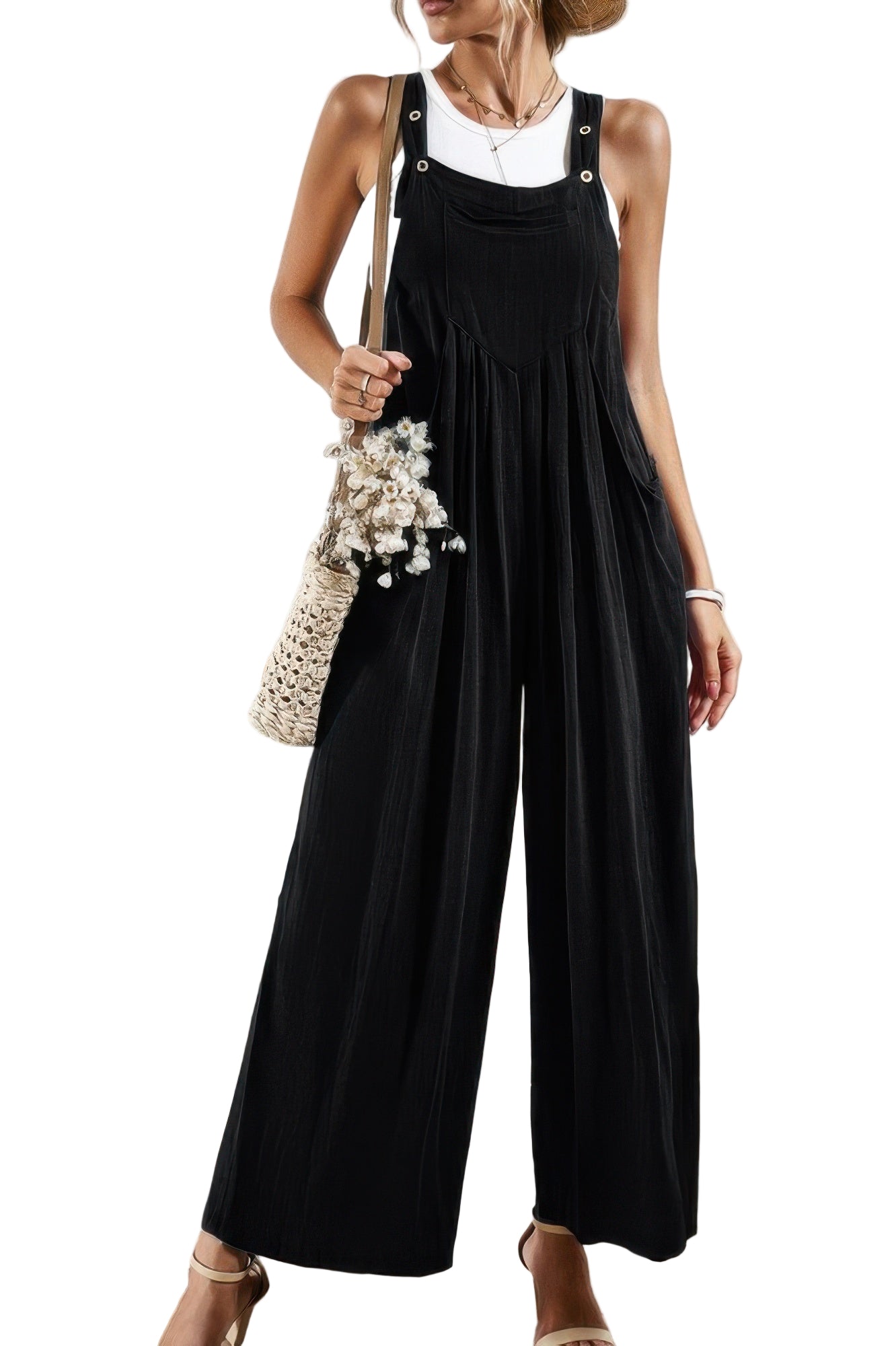 Casual vacation jumpsuit for women in black with wide legs and adjustable straps for a relaxed fit