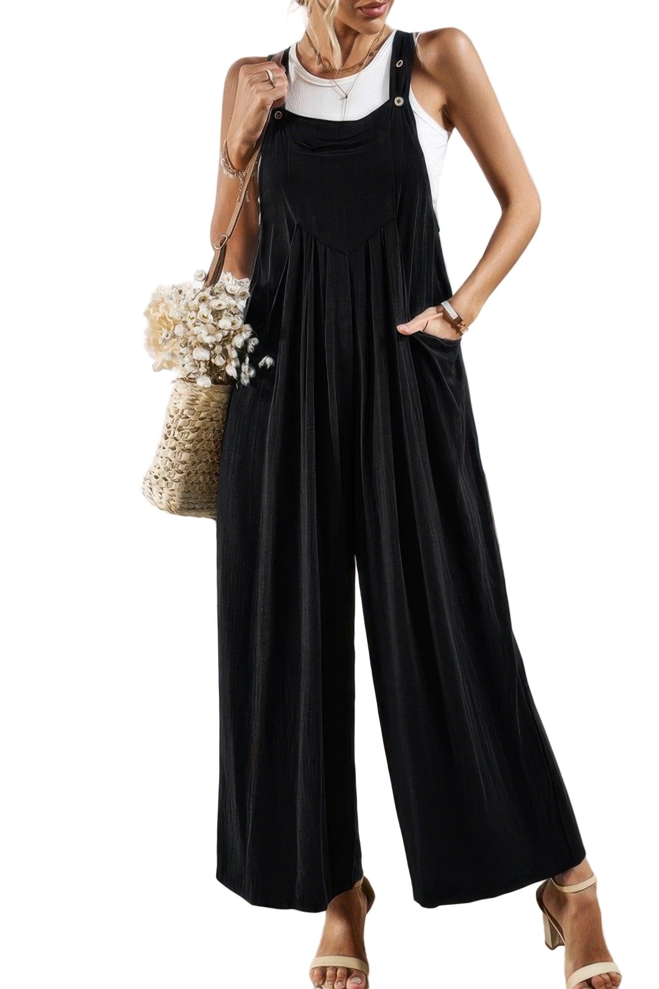 Casual vacation jumpsuit for women in black with wide legs and adjustable straps