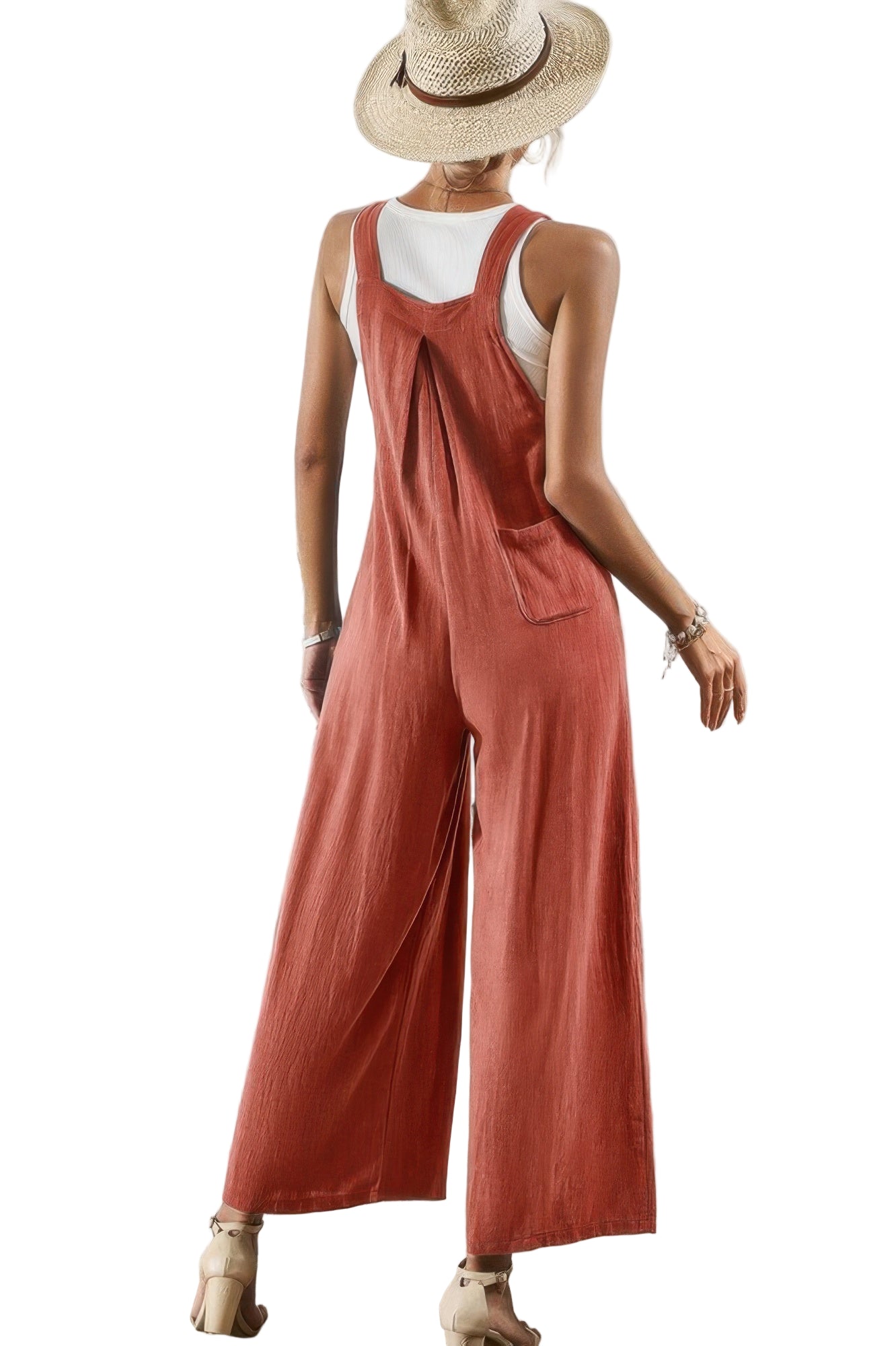 Casual vacation jumpsuit for women in rust with a relaxed fit and stylish back design