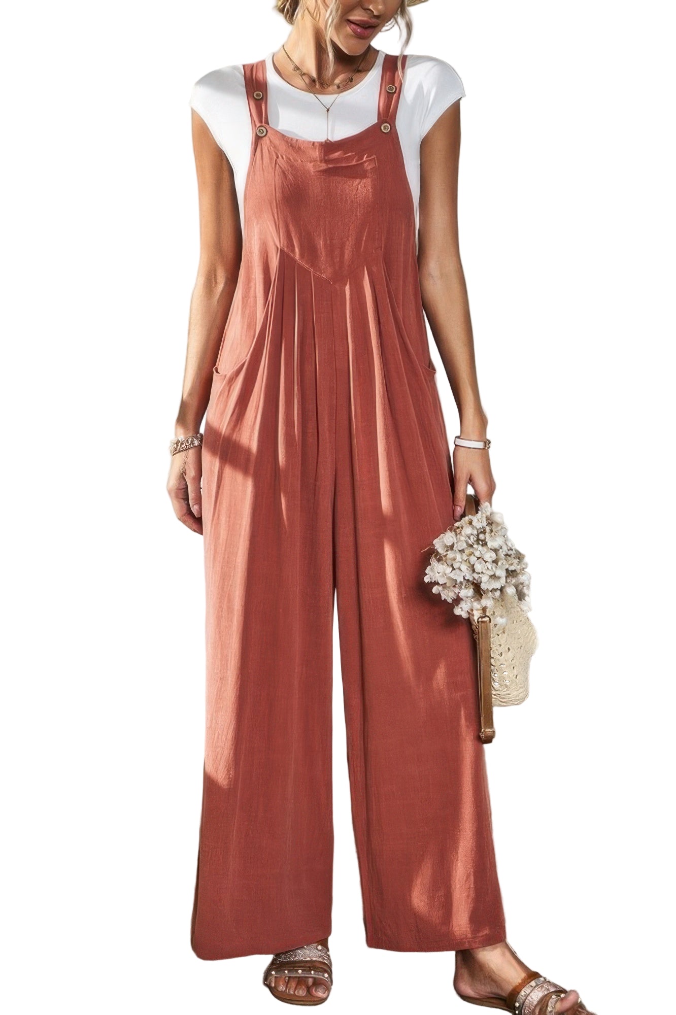 Casual vacation jumpsuit for women in rust color with wide legs and adjustable straps