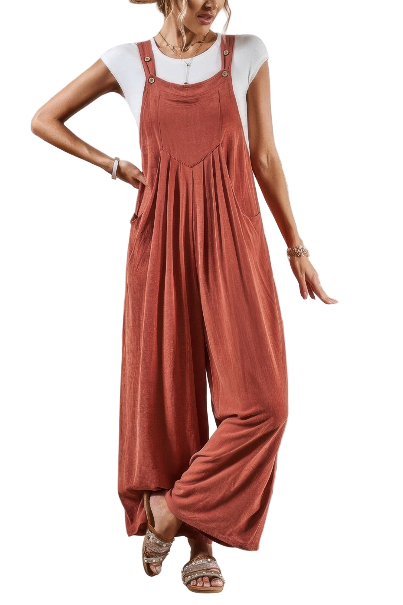 Casual vacation jumpsuit for women in terracotta with relaxed fit and pockets