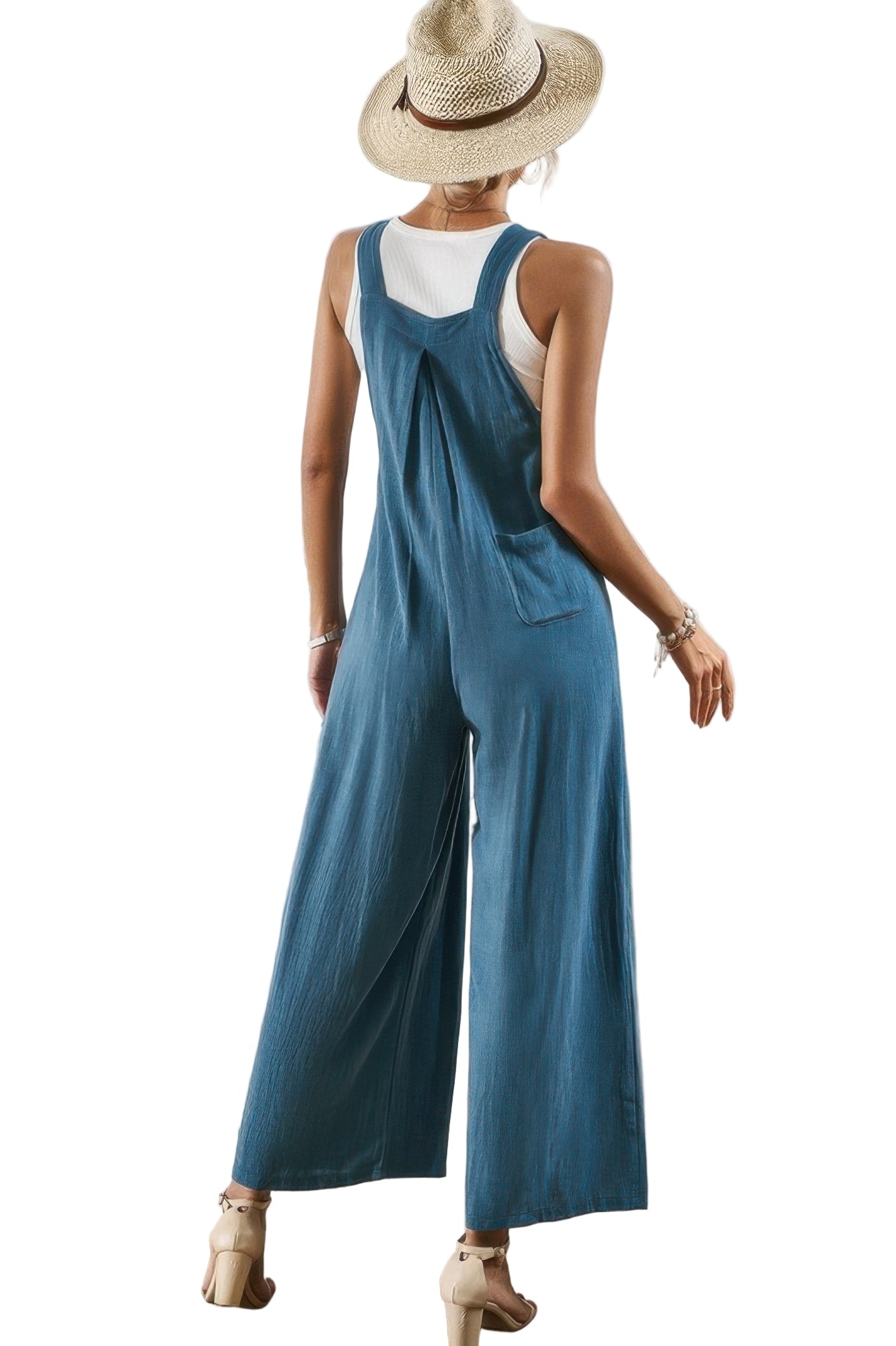 Light blue casual vacation jumpsuit for women with wide legs and adjustable straps, perfect for summer outings