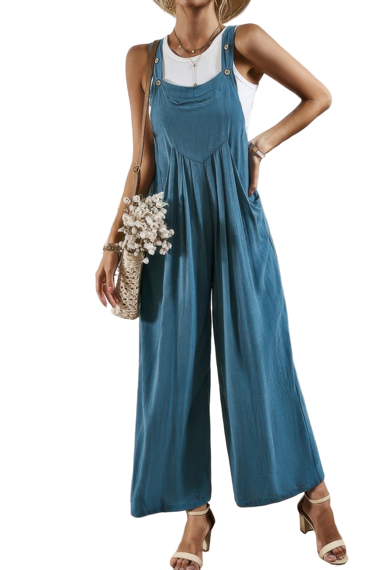 Casual vacation jumpsuit for women in blue with wide legs and button details, perfect for summer outings