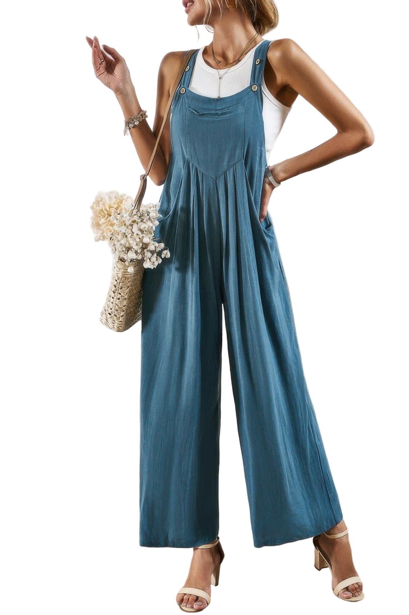 Casual vacation jumpsuit for women featuring wide legs and adjustable straps in blue