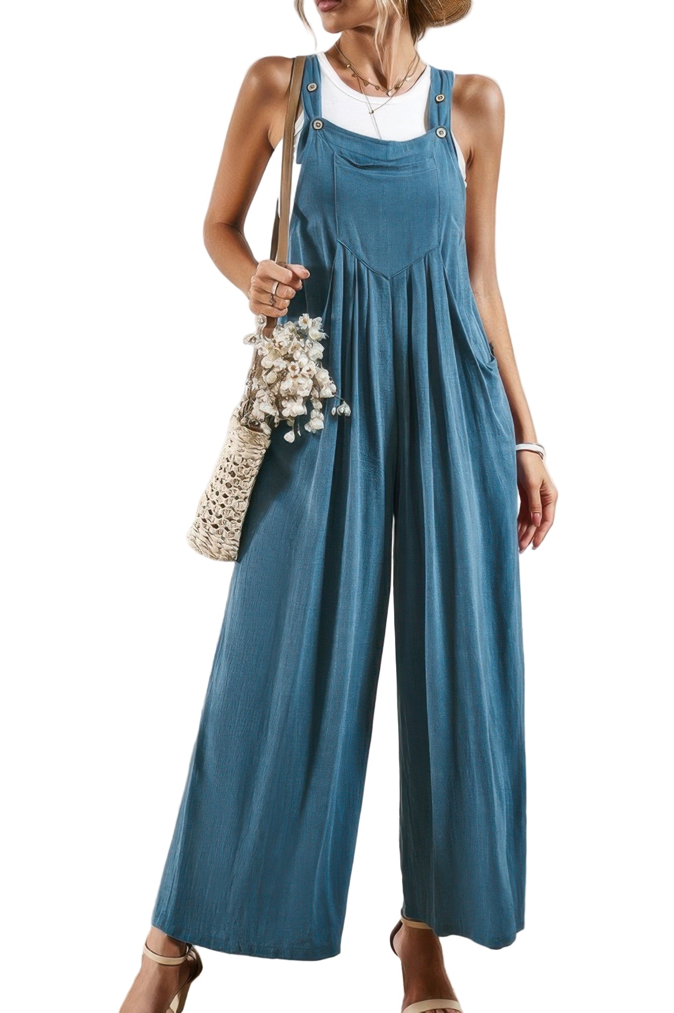 Casual vacation jumpsuit for women in blue with wide leg design and side pockets