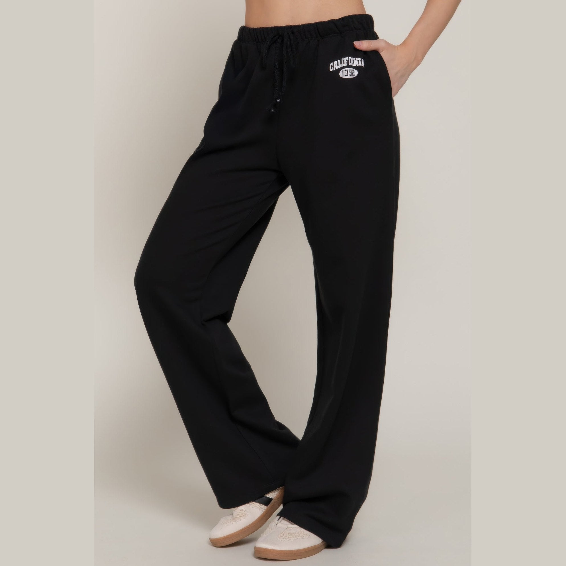 VacationGrabs women's black casual vacation lounge pants with elastic waistband and California print