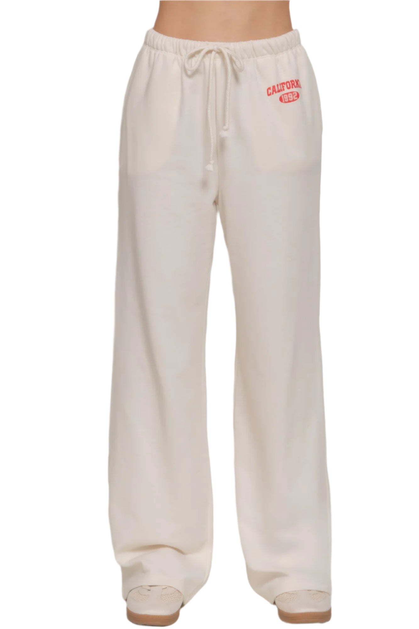 VacationGrabs women's casual vacation lounge pants in cream with elastic waistband and drawstring