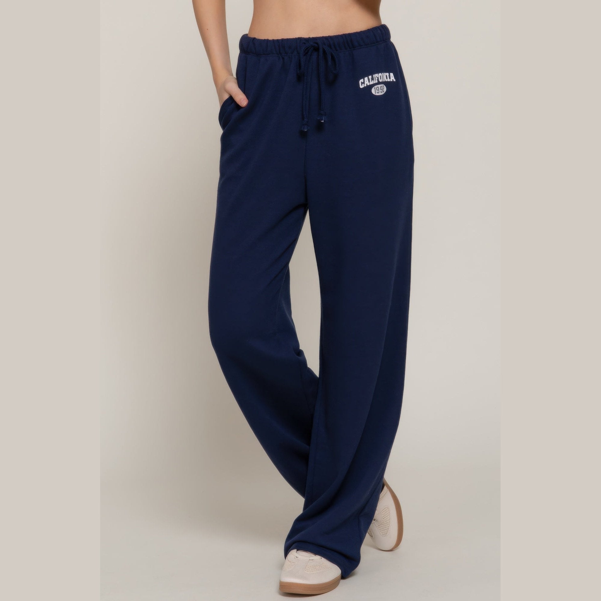 VacationGrabs women's casual vacation lounge pants in navy blue with drawstring waist and California print