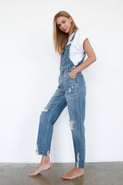 Insane Gene Women's Casual Vacation Overalls in Light Blue Denim with Ripped Details