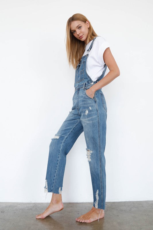 Insane Gene Women's Casual Vacation Overalls in Light Blue Denim with Ripped Details