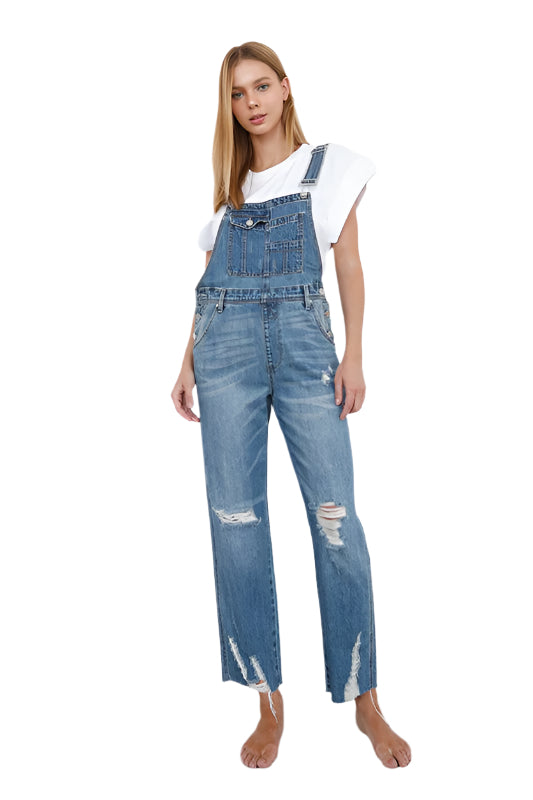 Insane Gene Women's Casual Vacation Overalls in Light Wash Denim with Distressed Details