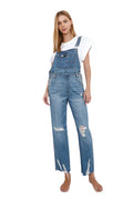 Insane Gene Women's Casual Vacation Overalls in Light Wash Denim with Distressed Details