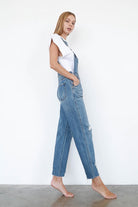 Insane Gene Women's Casual Vacation Overalls in Light Blue Denim with Side Pockets and a Relaxed Fit