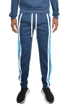 Men's activewear from VacationGrabs featuring casual vacation pants in navy blue with light blue side stripes