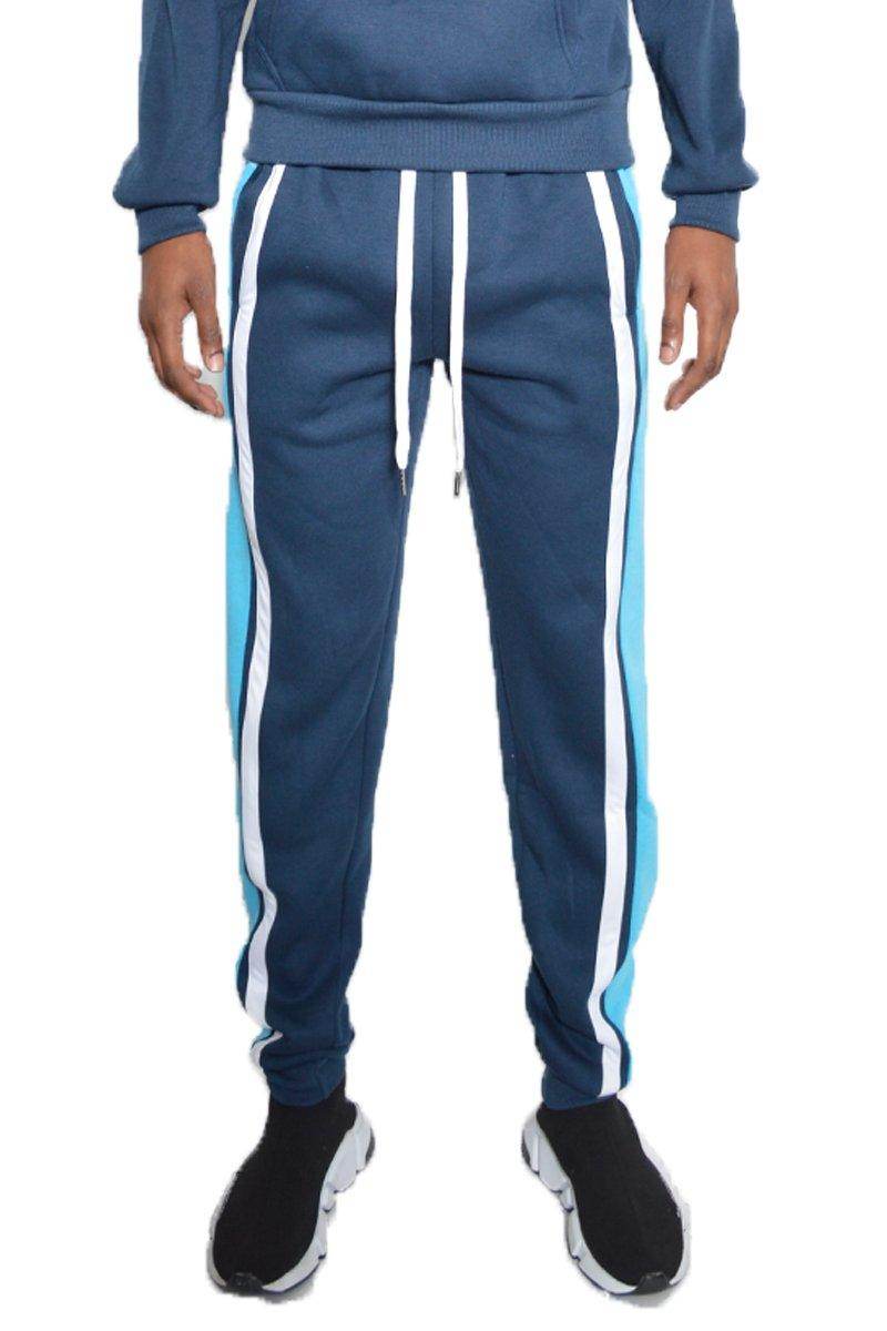 Men's activewear from VacationGrabs featuring casual vacation pants in navy blue with light blue side stripes