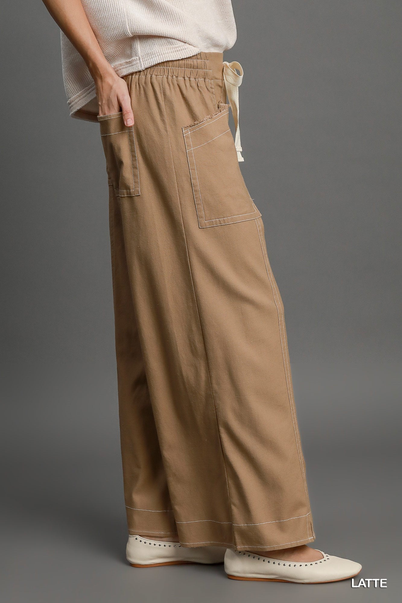 VacationGrabs casual vacation pants for women in latte color with wide legs and elastic waistband