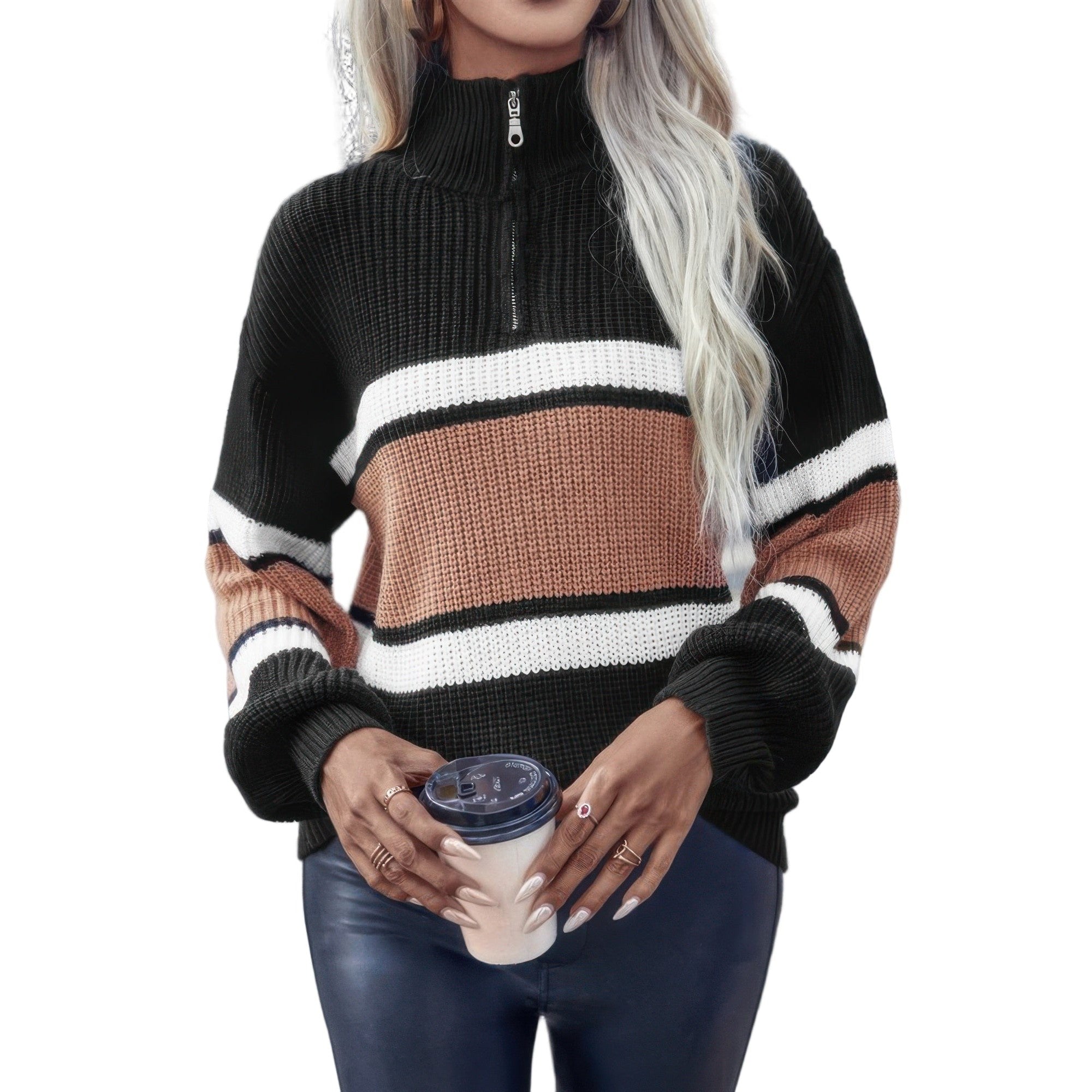 Women's casual vacation pullover sweater in black and brown with zip collar and striped design