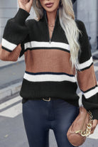 VacationGrabs casual vacation pullover sweater with stripe design in dark and earthy tones