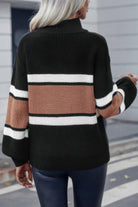 Women's casual vacation pullover sweater in black with striped design in cream and brown