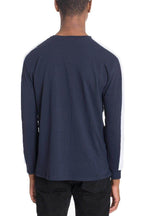 Men's navy blue casual vacation shirts with contrasting white shoulder stripes in a relaxed fit