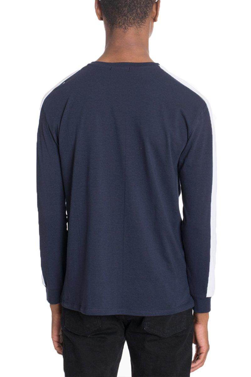 Men's navy blue casual vacation shirts with contrasting white shoulder stripes in a relaxed fit