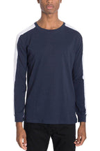 Navy long-sleeve men's shirt with white side stripes, ideal casual vacation shirts for stylish getaways