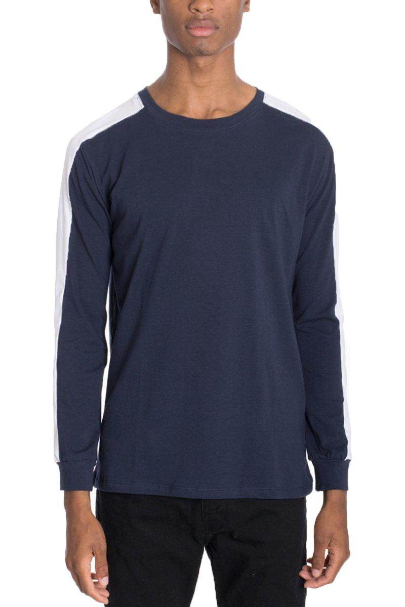 Navy long-sleeve men's shirt with white side stripes, ideal casual vacation shirts for stylish getaways