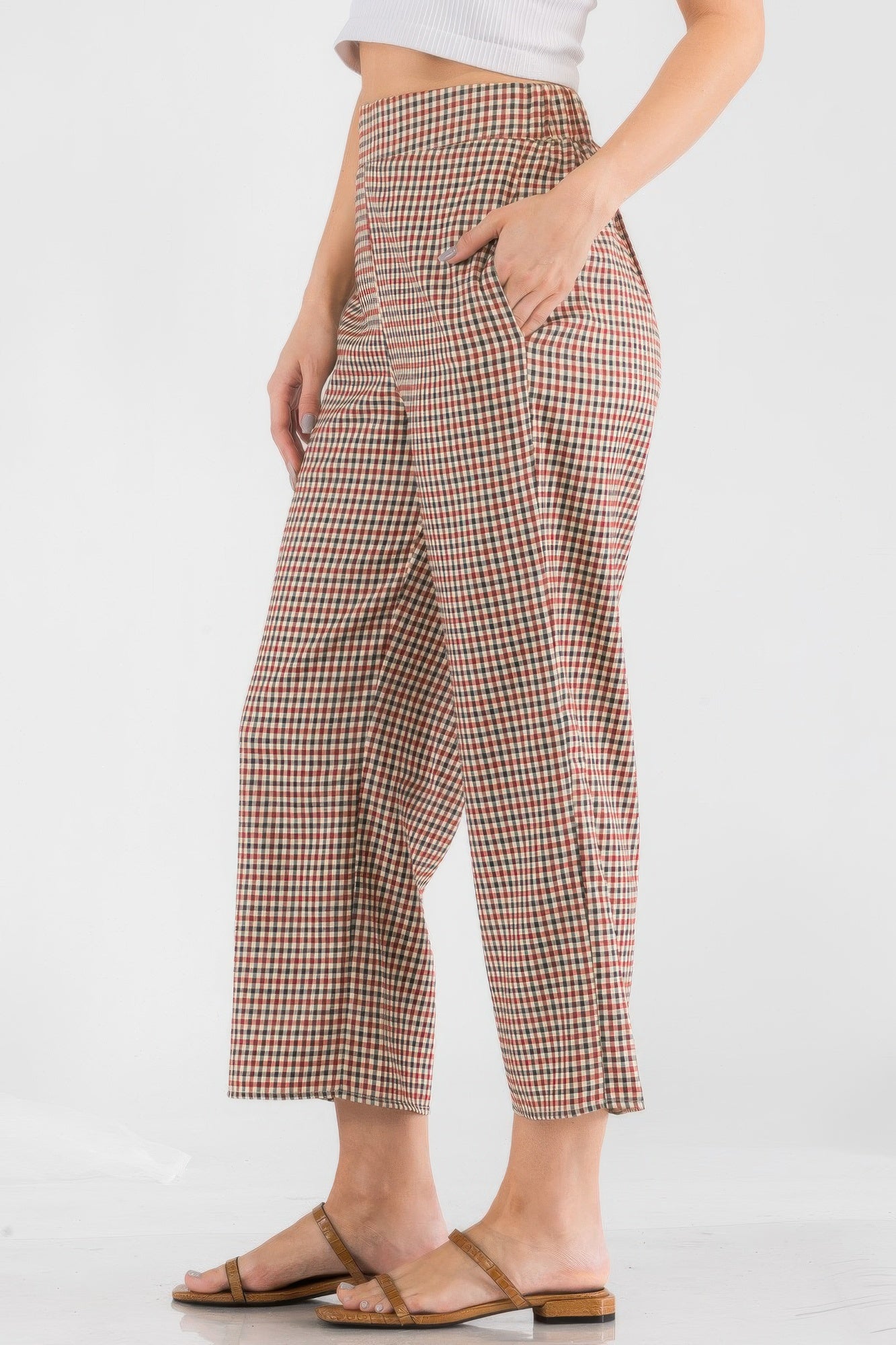 VacationGrabs women's casual vacation trousers for women in brown checkered pattern with side pockets