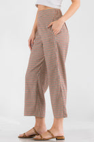 VacationGrabs women's casual vacation trousers for women in brown checkered pattern with side pockets