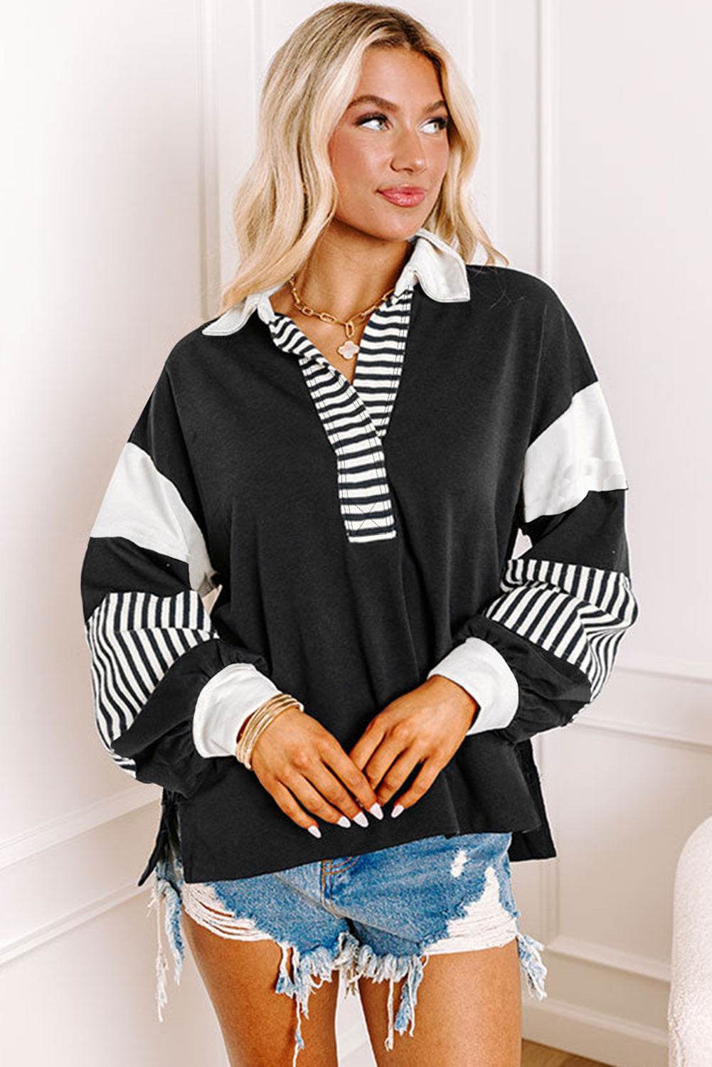 Black Striped Colorblock Patchwork Collar Sweatshirt - VacationGrabs
