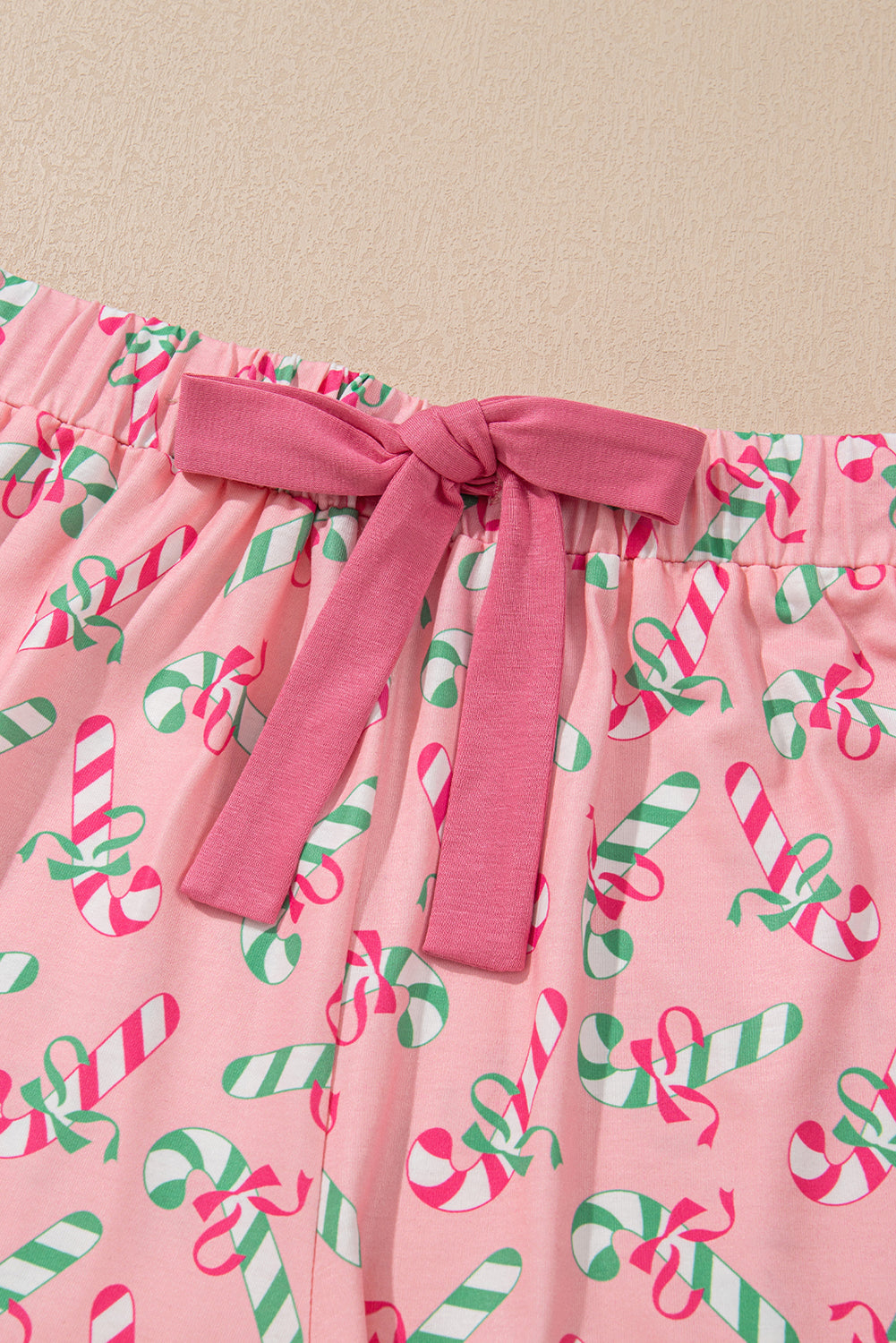 Women's Sleepwear/LoungewearPink Christmas Candy Cane Print Pocketed Knotted Pajama Set - VacationGrabs