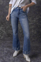 Sky Blue Slight Distressed Medium Wash Flare Jeans - VacationGrabs