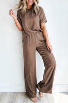 Women's Outfits & SetsSmoke Gray Solid Color T Shirt 2pcs Wide Leg Pants Set - VacationGrabs