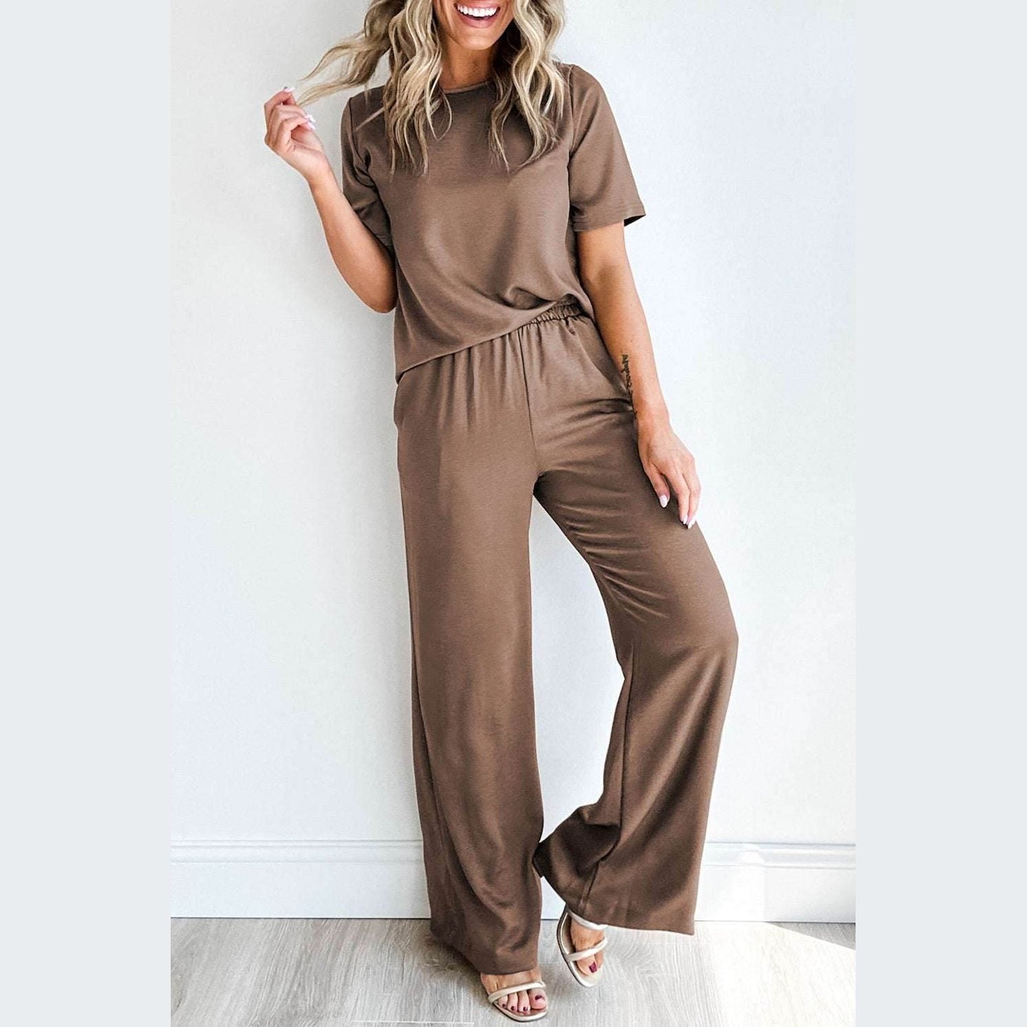 Smoke Gray Solid Color T Shirt 2pcs Wide Leg Pants Set - VacationGrabs