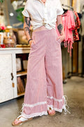 Stripe Contrast Lace Ribbon Tie Wide Leg Pants