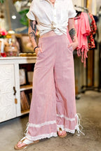 Stripe Contrast Lace Ribbon Tie Wide Leg Pants