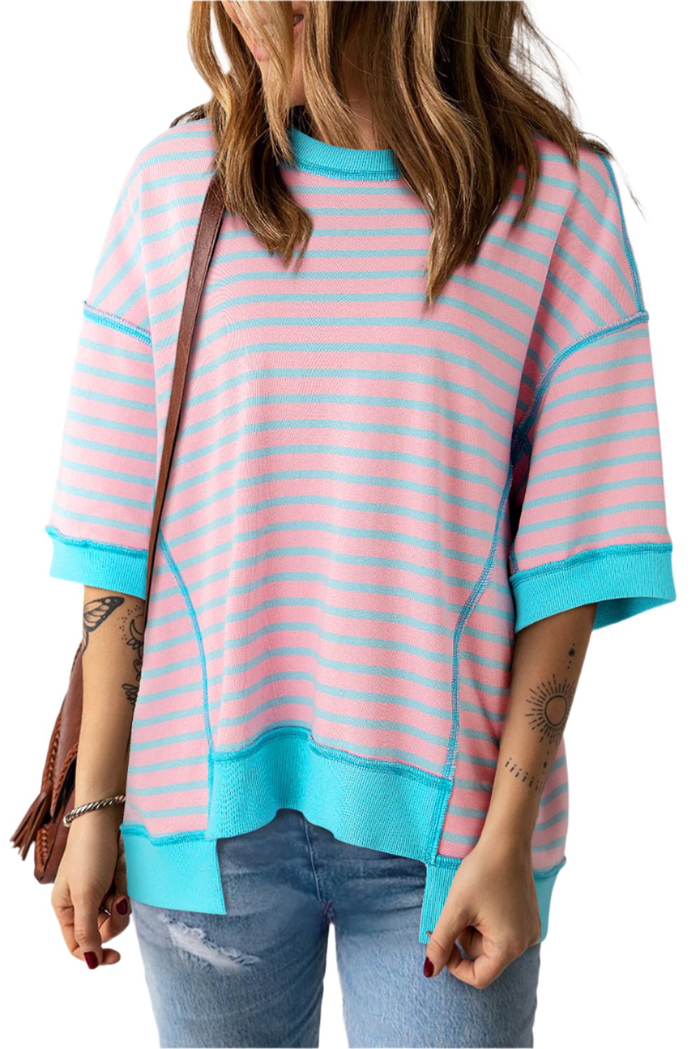 Women's Shirts - T-ShirtsPink Stripe Oversized Contrast Trim Exposed Seam High Low T - VacationGrabs