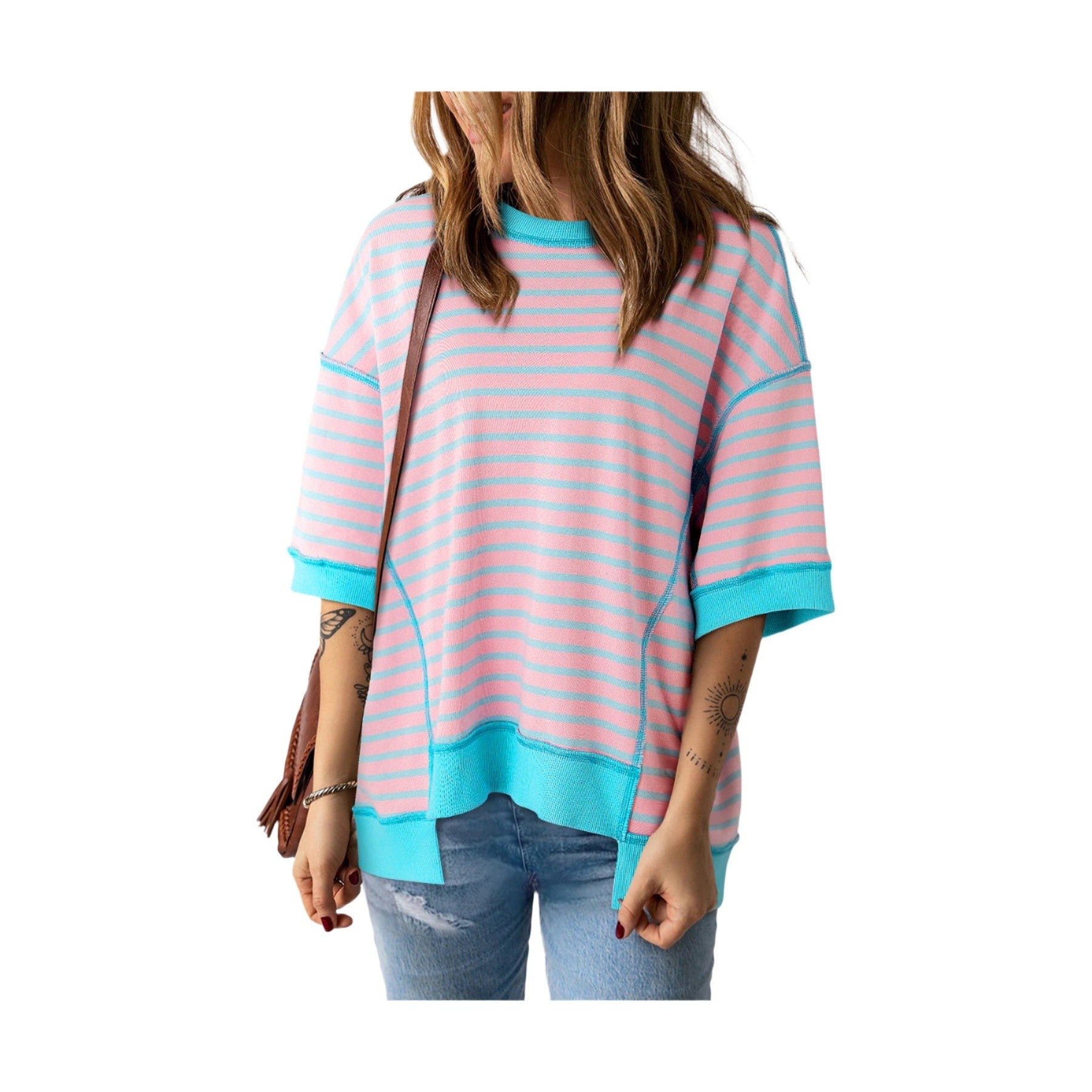 Pink Stripe Oversized Contrast Trim Exposed Seam High Low T
